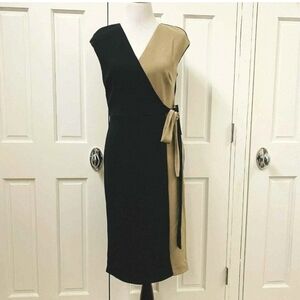 Colorblock Black & Tan Faux Wrap Sheath Dress